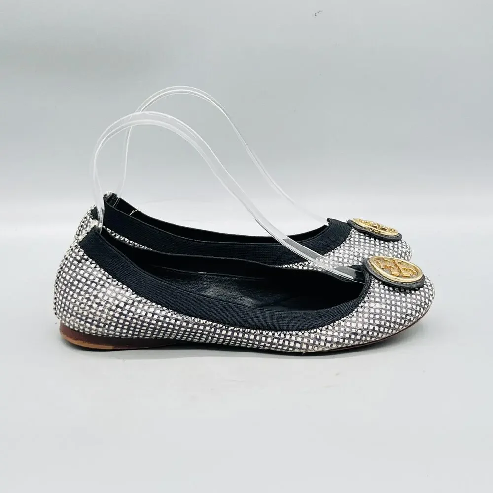 Tory Burch Shoes Womens 6 Silver Leather Check Logo Ballet Flats Slip On Party